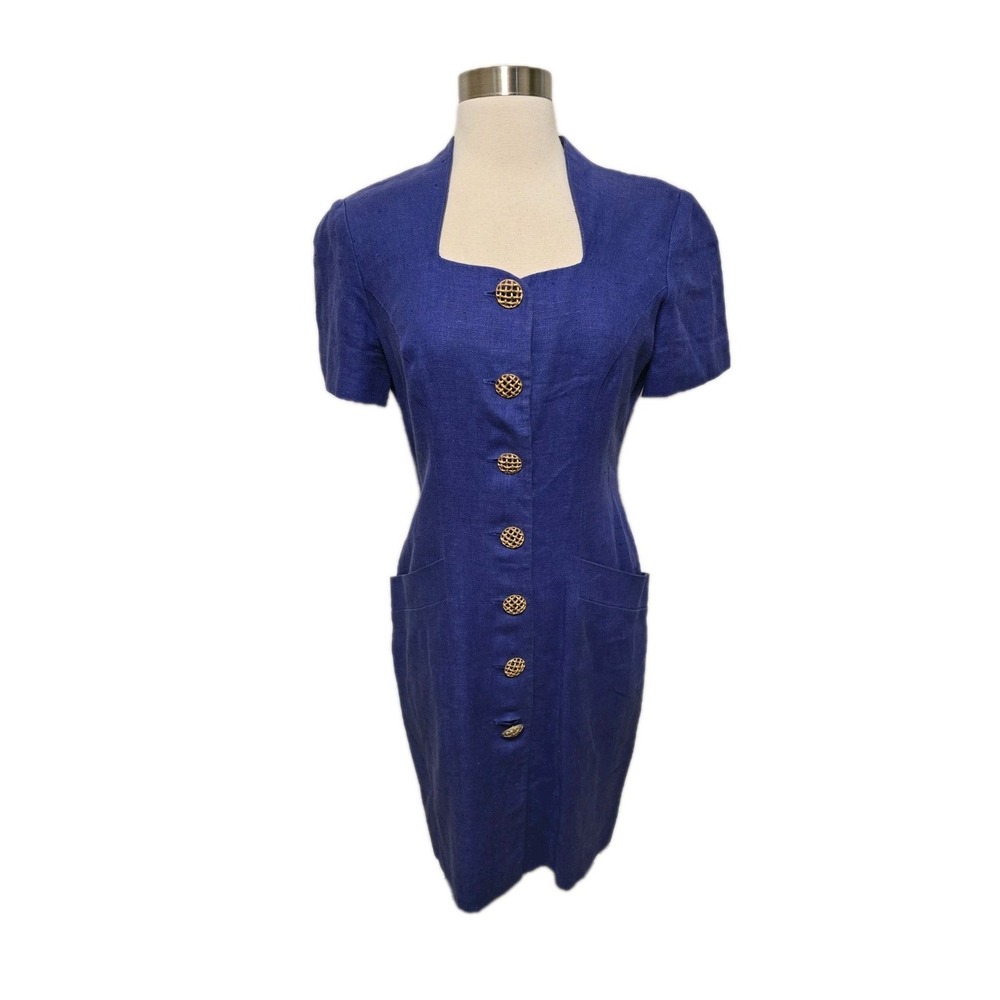 Womens 90s Vintage Sheath Dress‎ Brass Button Front Blue Size 6 Santa Fe